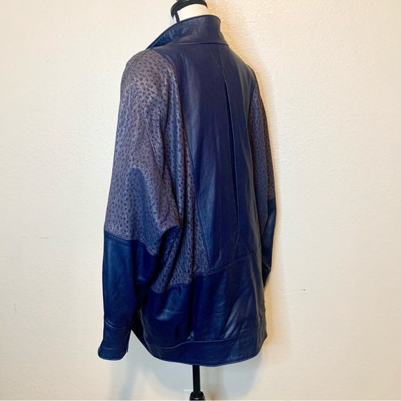 Vintage 80’s Leather Coat Lizard Embossed Shoulders Buttery Soft Navy Blue Large - Picture 9 of 16